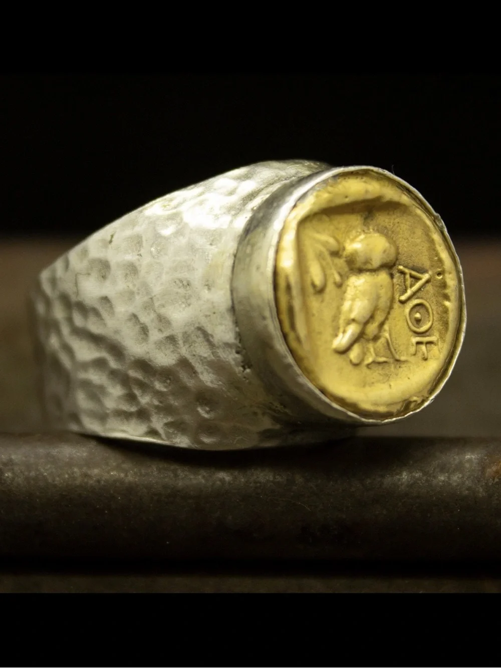 VINTAGE • Sterling Silver Hammered Signet Ring Owl AOE of the Athenian